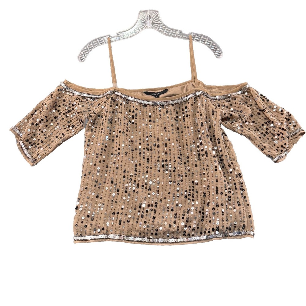 Walter Baker Helena Sequin Beaded Chiffon Evening Top Taupe Women's Sz M NWT